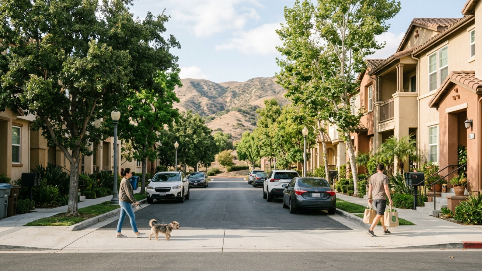 Quiet residential street with townhome-style apartments in Granada Hills near parks and daily conveniences.