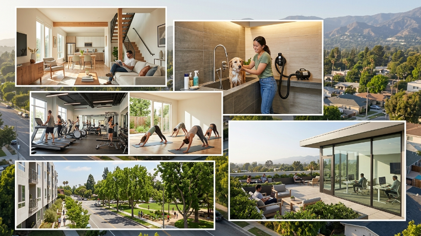 Apartment layouts, pet conveniences, wellness amenities, and park access at Watermark Reseda