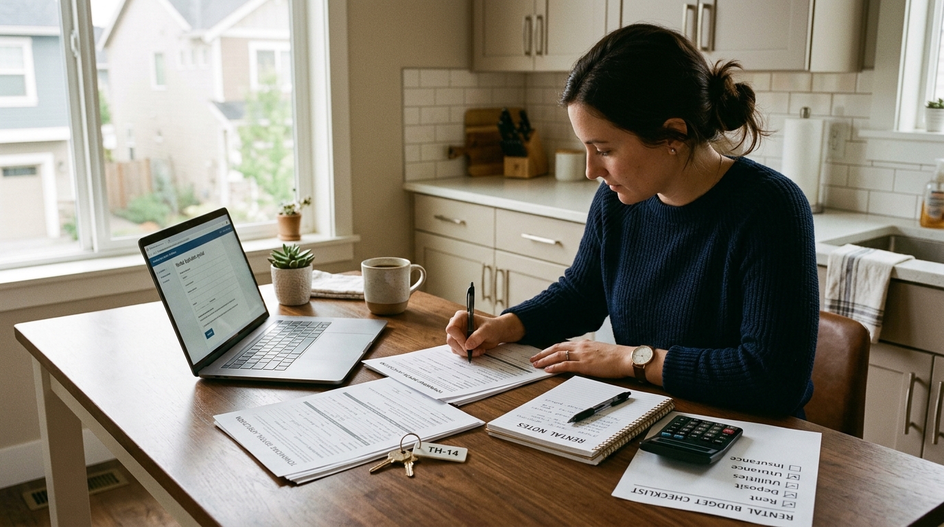 Renter reviewing credit score, lease documents, and rental application materials before applying for a townhome.