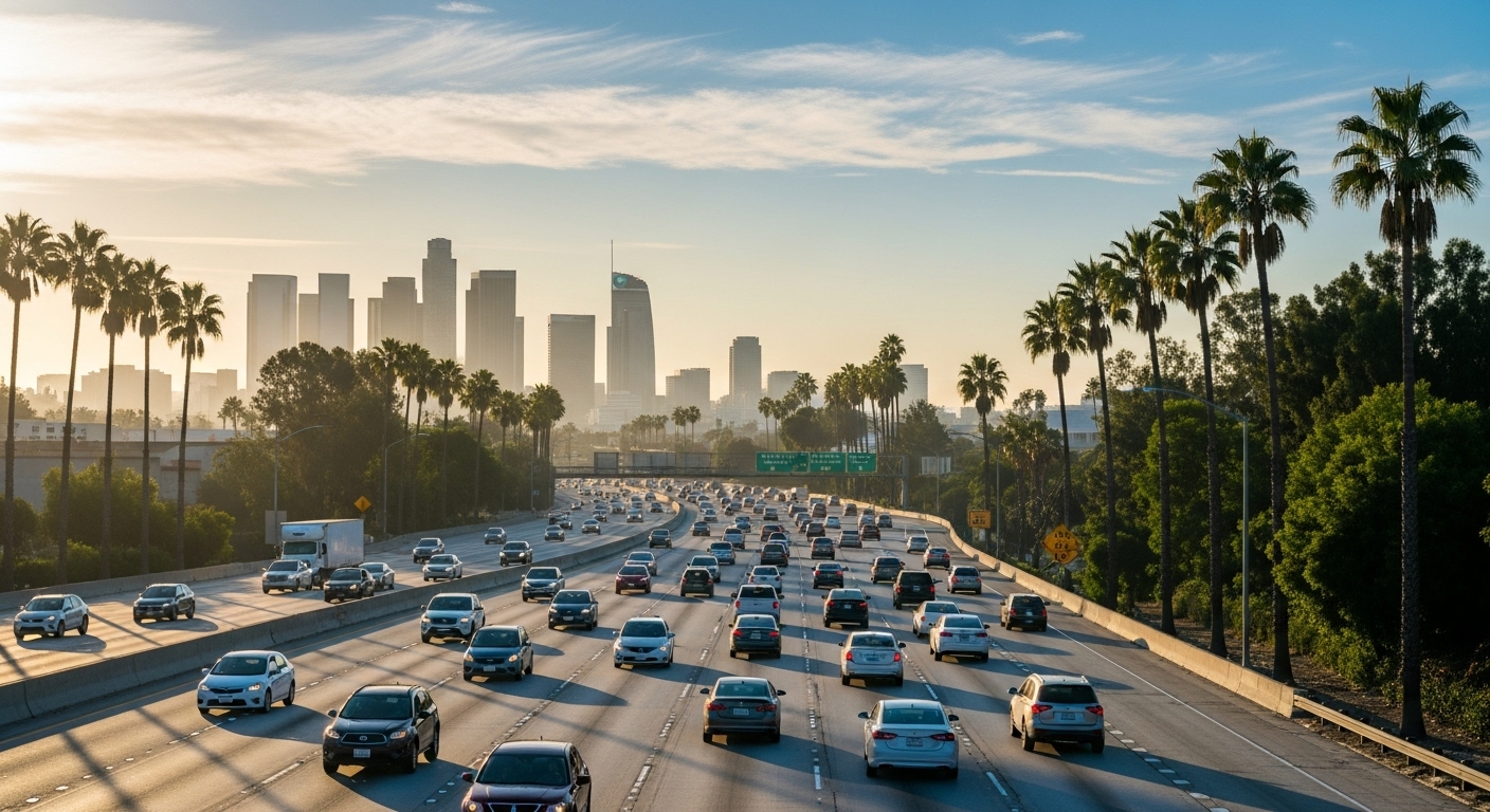 Morning commute on the 405 freeway near Van Nuys and Sherman Oaks with palm trees and Los Angeles skyline in the distance