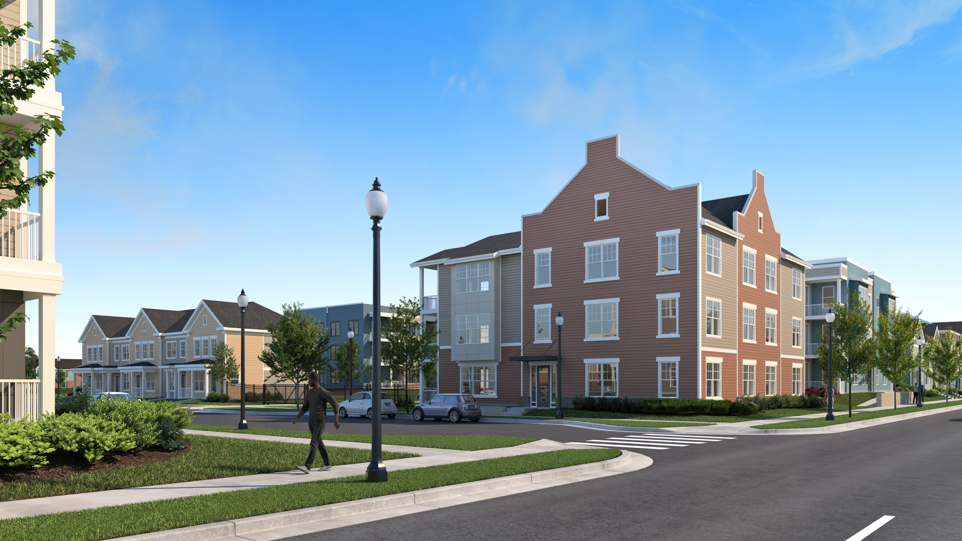 Digital rendering of corner street view of three story apartment building -Preservation Square