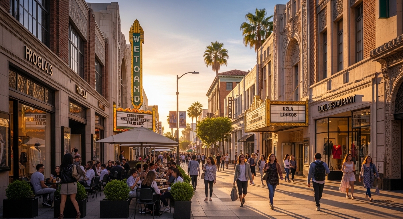 Walkable streets, restaurants, and attractions in Westwood Village near UCLA Los Angeles