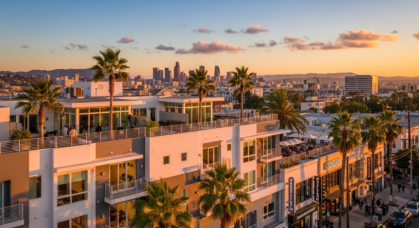 Exterior of modern apartments for rent in Beverly Grove with rooftop deck, palm trees, and Los Angeles skyline views.