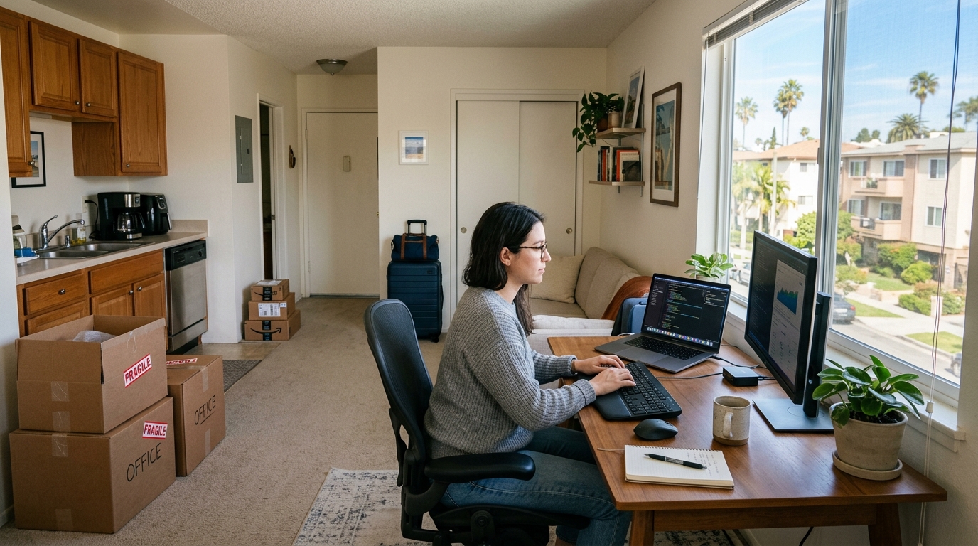Remote worker using a home workspace in a furnished Los Angeles apartment
