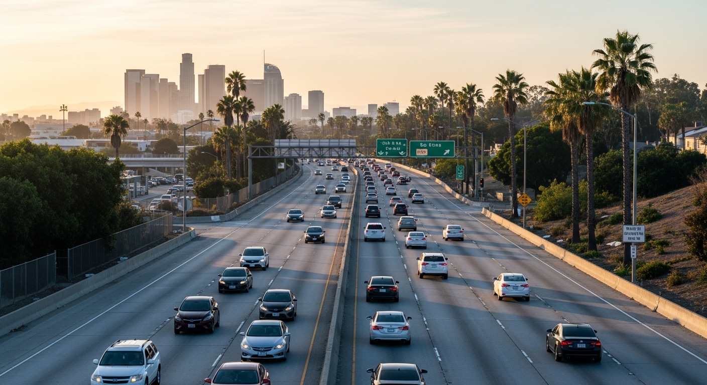 Morning commute from San Pedro to Downtown Los Angeles via I-110 freeway with skyline view