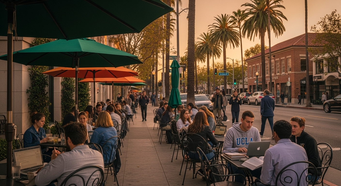 Outdoor café in Westwood Village Los Angeles with palm trees and locals enjoying coffee near UCLA