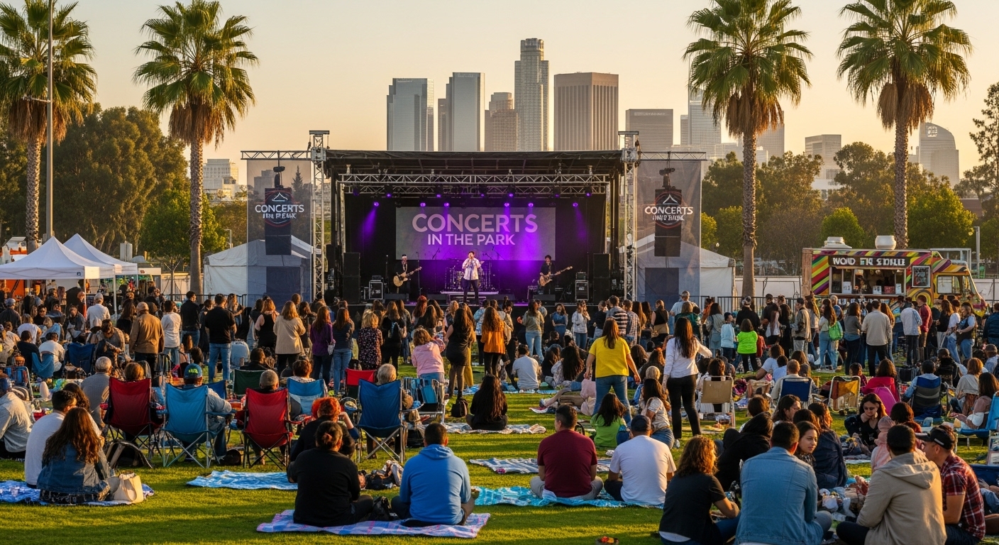 Outdoor concert at Warner Center Park Los Angeles with live music and local community gathering.