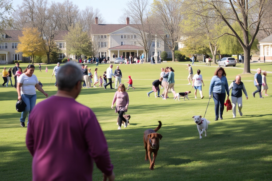 People enjoying a sunny day at a park in Sherman Oaks, Los Angeles, with families, dogs, and a historic house in the background. A perfect example of the outdoor lifestyle and community atmosphere in Sherman Oaks.