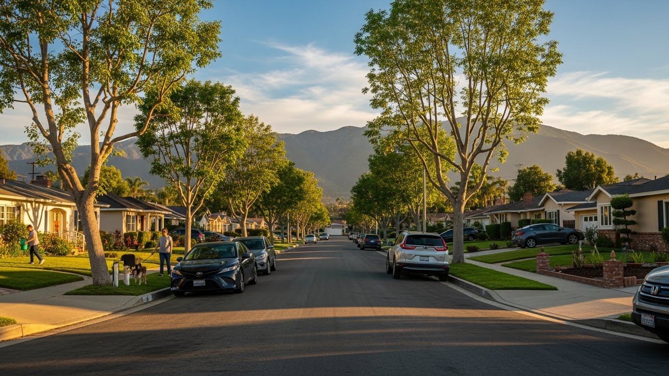 Peaceful residential street in Granada Hills with tree-lined sidewalks and mountain views.