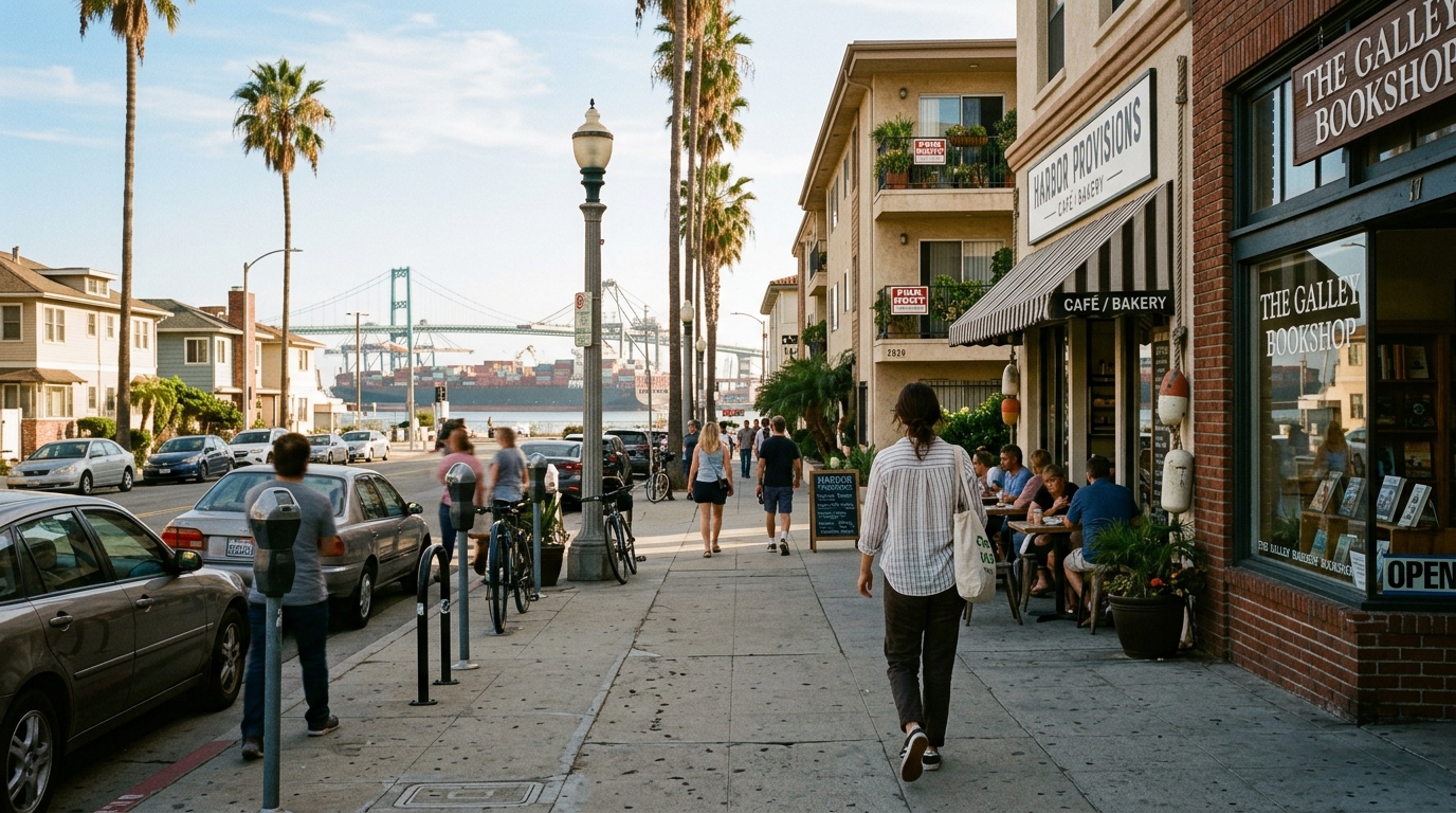 Downtown San Pedro street scene with coastal apartment living and harbor views.