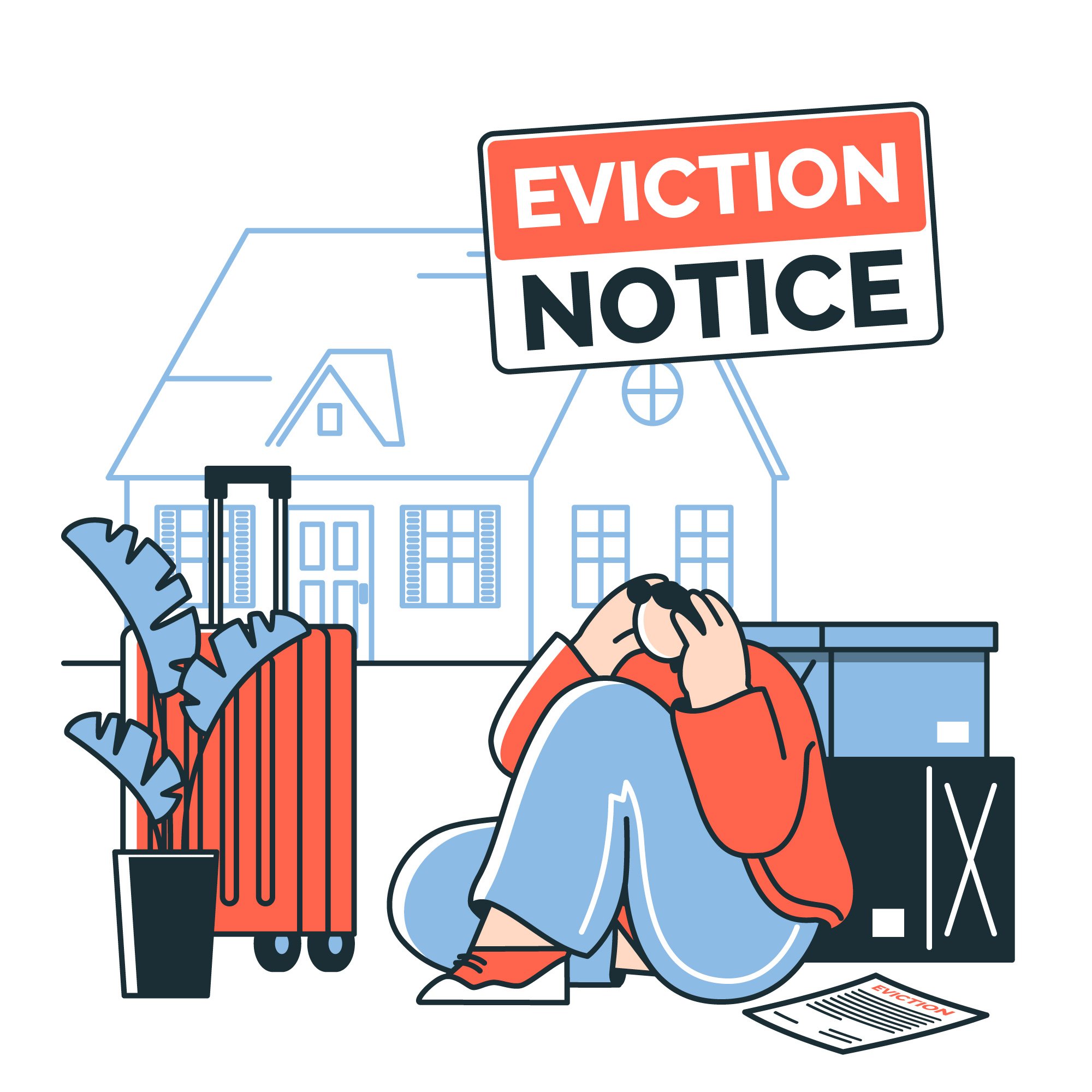 A landlord and tenant discussing eviction details with paperwork, illustrating a compassionate yet lawful approach in Stockton, CA