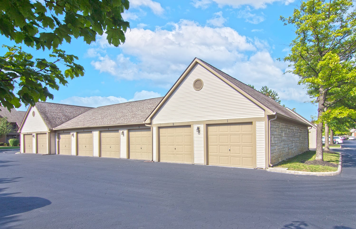 Detached private garages at Asherton of Dublin apartments in Dublin, Ohio with reserved parking and convenient resident access.