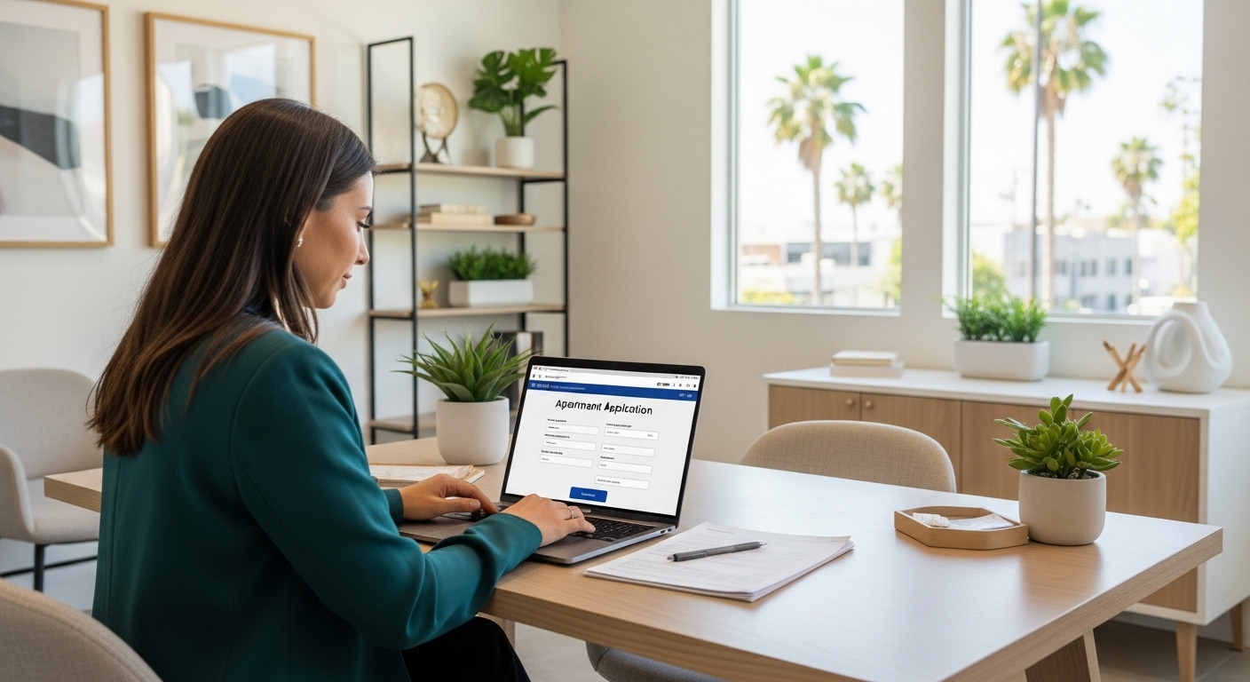 Documents needed for apartment approval in Los Angeles laid out on a desk
