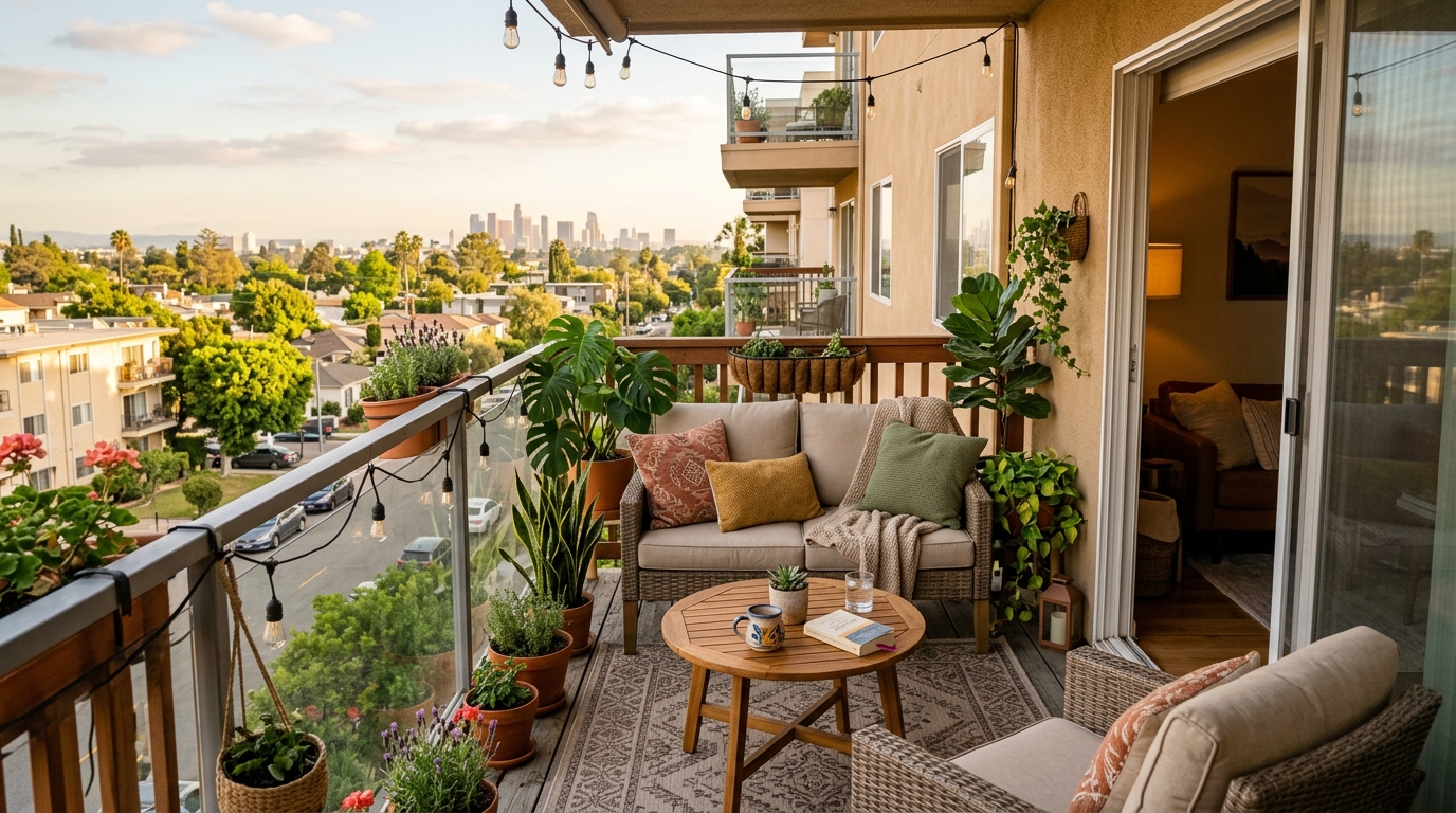Apartment balcony near Sherman Oaks with outdoor seating and relaxed lifestyle setup