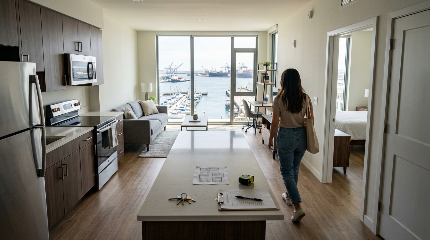 Renter evaluating the layout and storage in a one-bedroom apartment in San Pedro