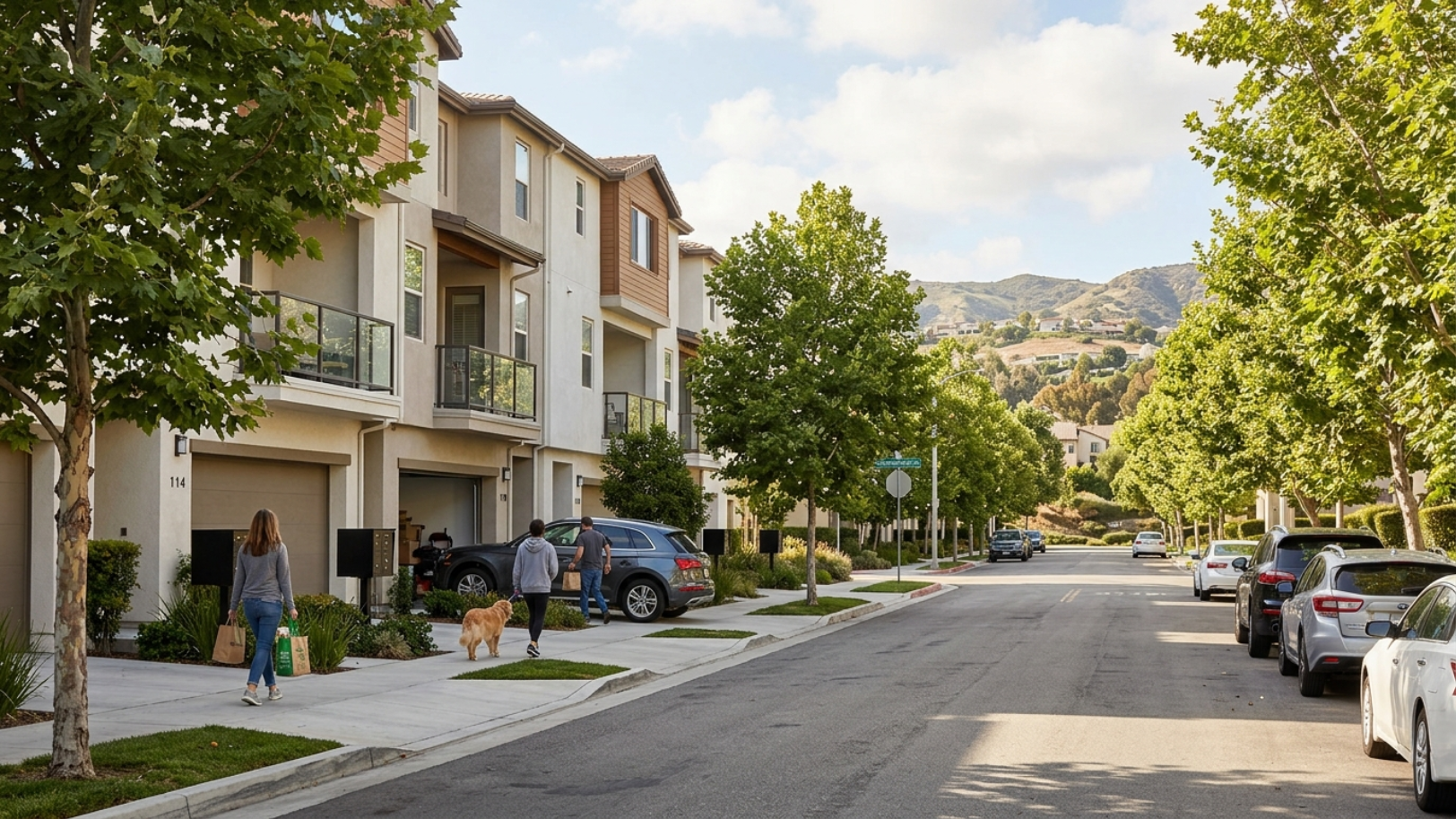 Townhome-style rentals in Granada Hills with parked cars, sidewalks, and a quiet residential setting.