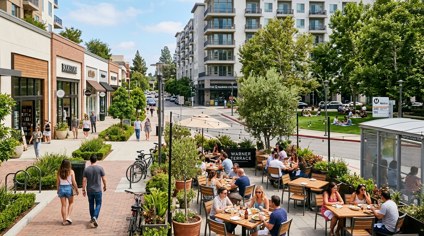 Urban-suburban lifestyle scene with dining, transit, and modern apartments in Warner Center.