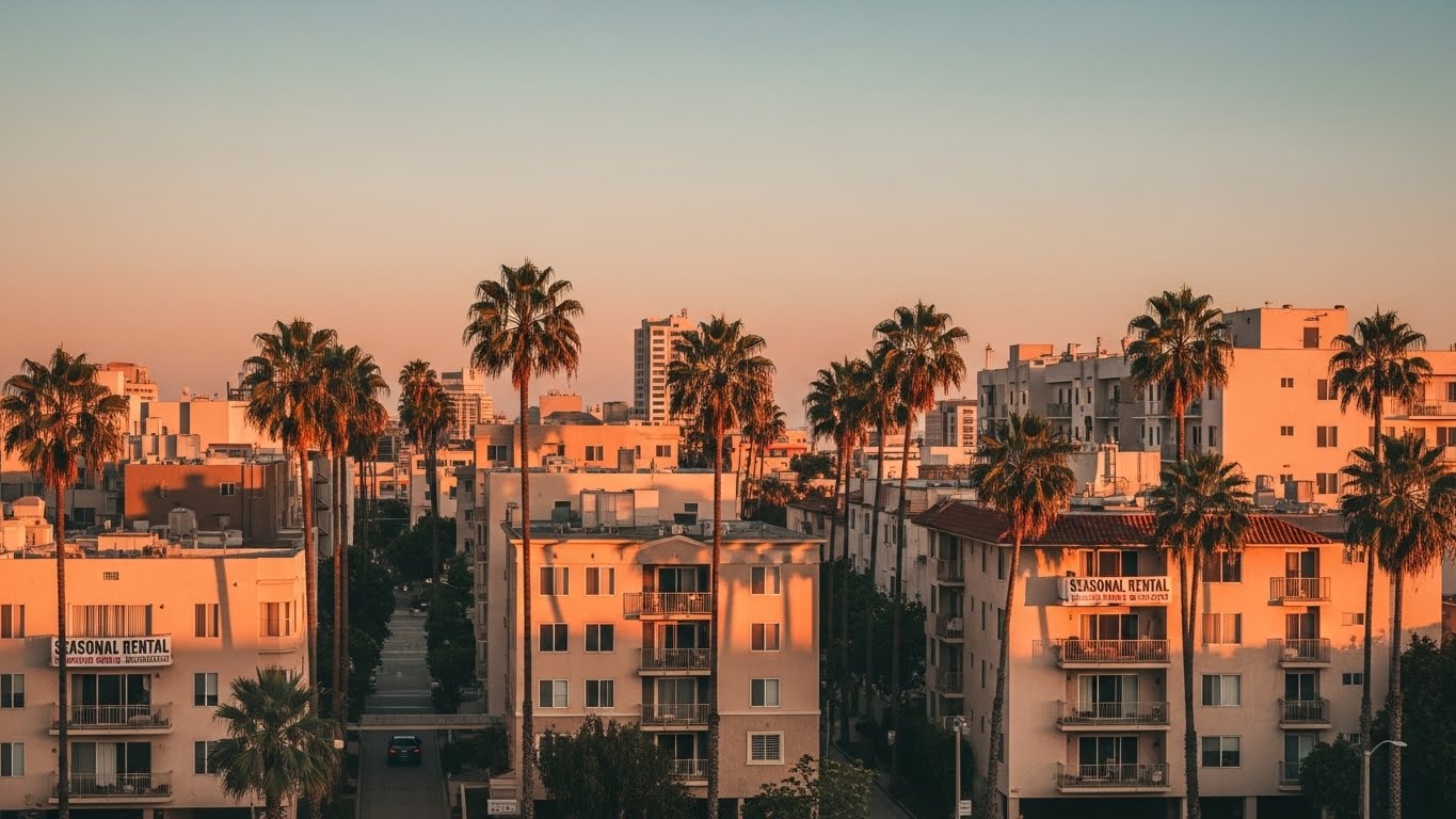 Scenic Los Angeles apartments with palm-lined streets and a soft sunrise sky.