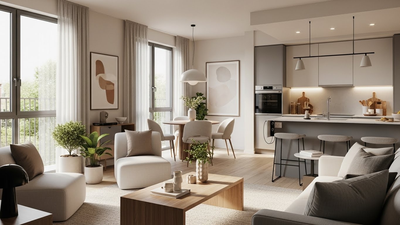 Light and airy apartment living room after the holidays with neutral decor, cleared surfaces, and soft light creating a calm reset.