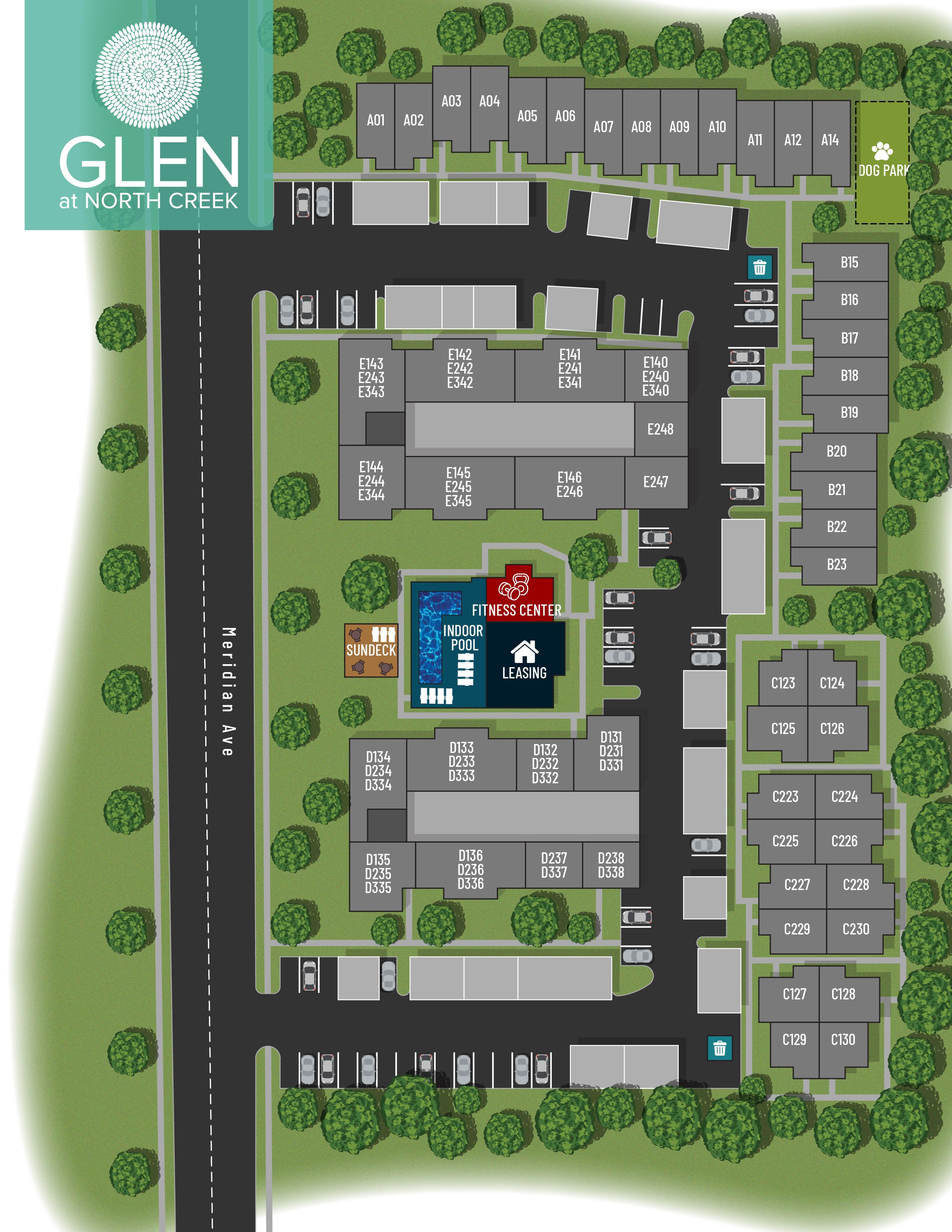 Glen at North Creek site map with roads and buildings 