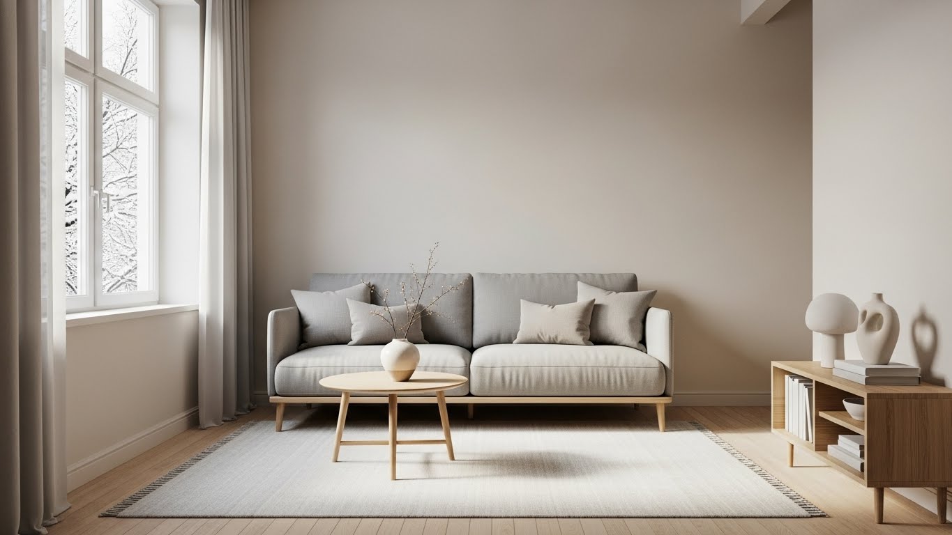 Calm winter apartment interior with soft light and uncluttered surfaces, illustrating a renter-friendly January apartment reset after the holidays.