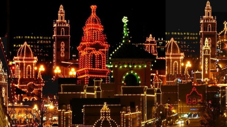 downtown kansas city with christmas lights 