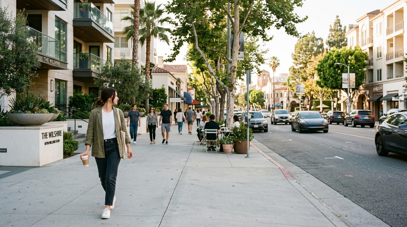 Renter walking near upscale apartments and shops in Westwood, Los Angeles.