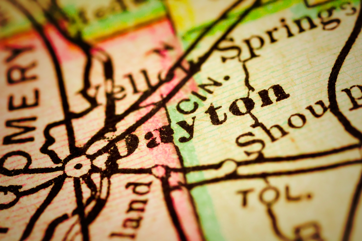 Close-up map showing Dayton, Ohio, highlighting the city’s location for people considering a move to the area.