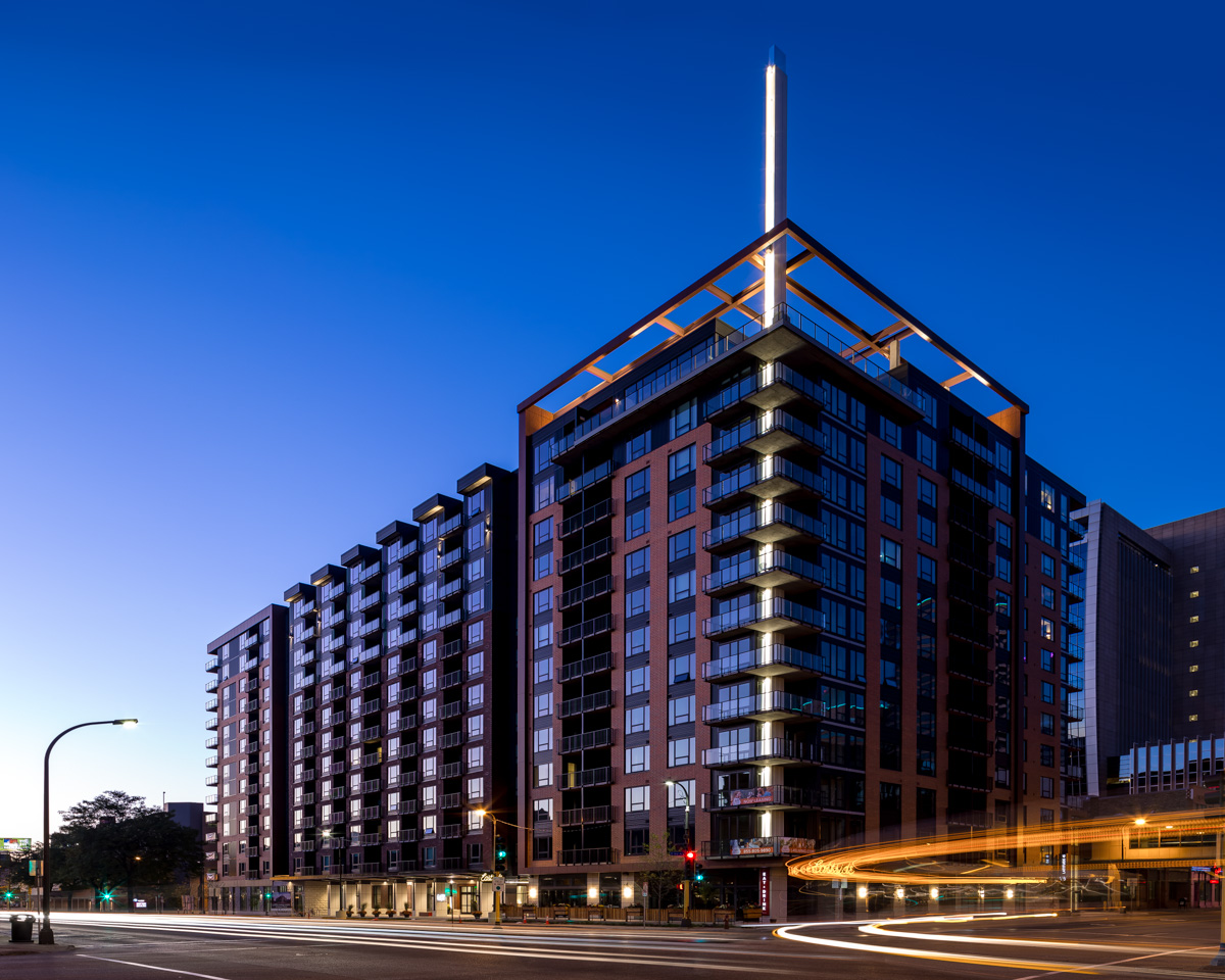 An exterior shot of The Grand Mill District Apartment building in Minneapolis, MN,
