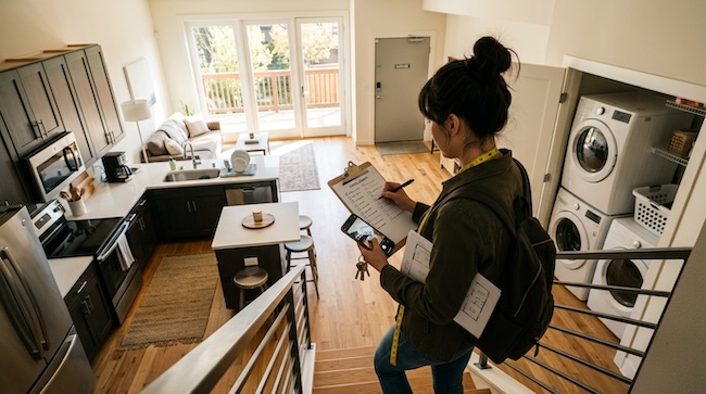 Renter using a checklist to evaluate amenities inside a modern townhome