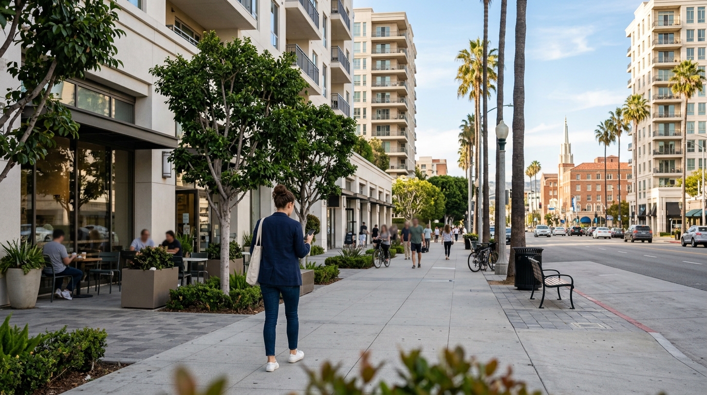 Renter walking near upscale apartments and shops in Westwood, Los Angeles.