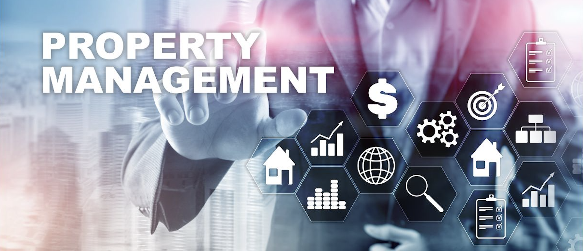 Image illustrating property management with a variety of icons representing different aspects such as maintenance, finance, communication, and more.