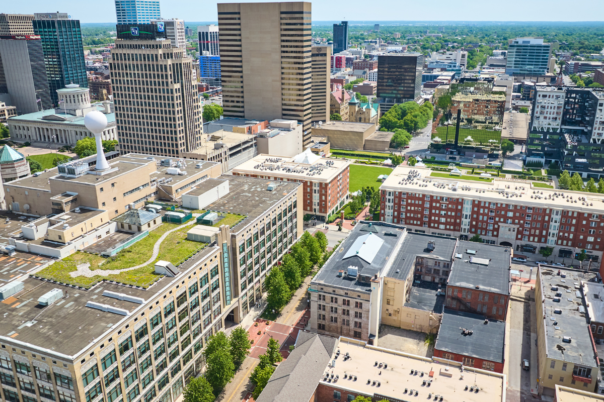 Downtown Columbus skyline at sunset showcasing vibrant city living and walkable neighborhoods.