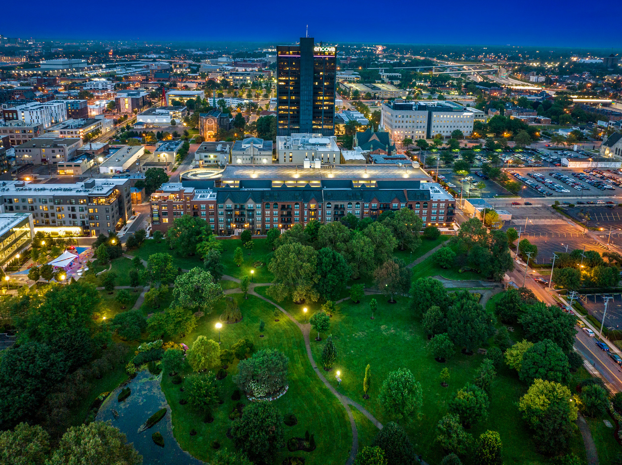 Aerial view of Residences at Topiary Park overlooking Topiary Park in Downtown Columbus, just minutes from The James Cancer Hospital.