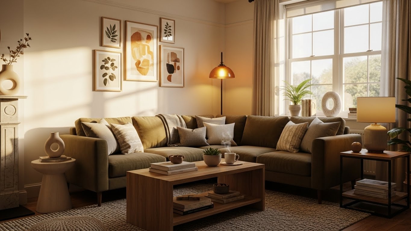 Modern apartment interior with warm lighting and simple updates, showing renter-friendly small changes that refresh an apartment for the new year.