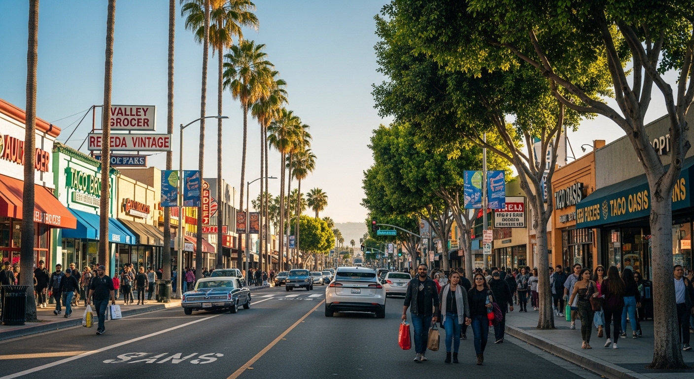 Retail shops and storefronts along Reseda Boulevard in Los Angeles