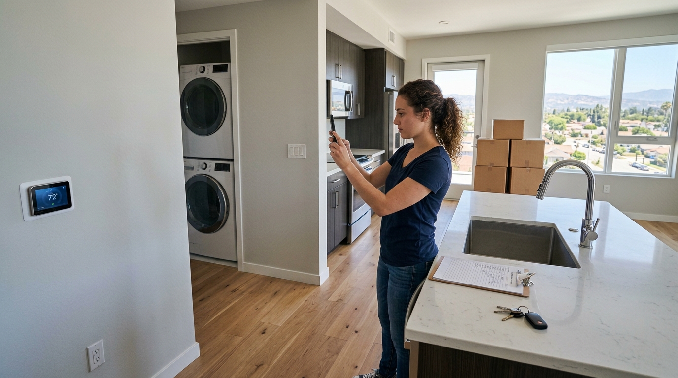 Renter documenting an empty Los Angeles apartment before moving furniture inside