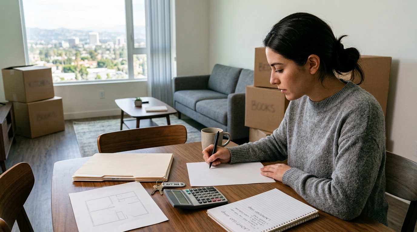 Renter calculating rent, deposit, moving, and setup costs for a Los Angeles apartment