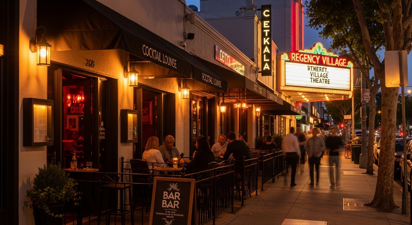 Evening street scene in Westwood Village near UCLA with walkable nightlife, bars, and the Regency Village Theatre marquee lit at night