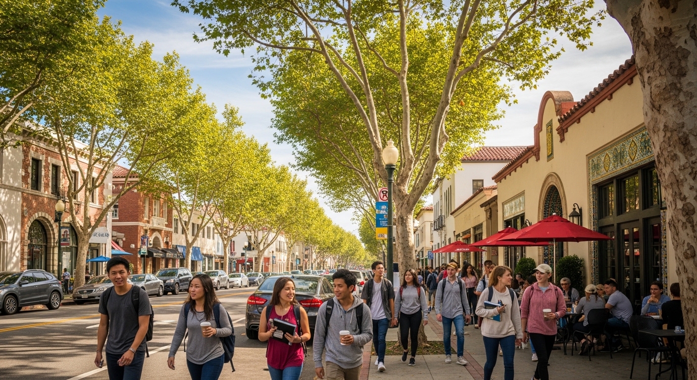 students walking in Westwood Village near UCLA with cafes and shops