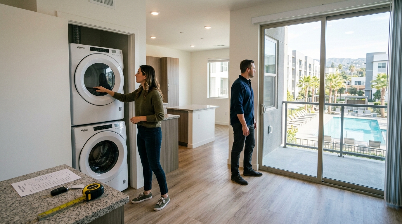 Renters comparing in-home and community amenities in a newer rental
