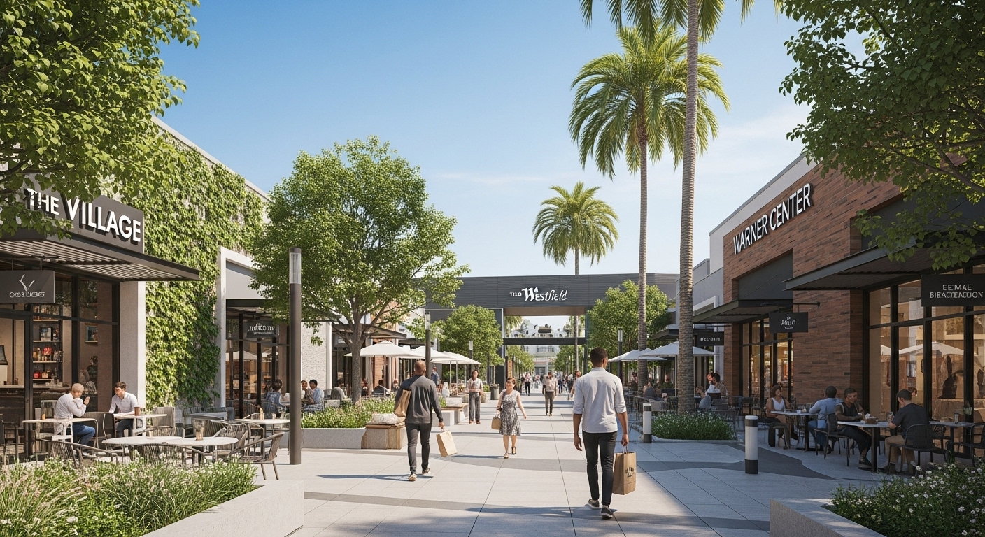 People enjoying outdoor shopping and dining the village in warner center los angeles 2025