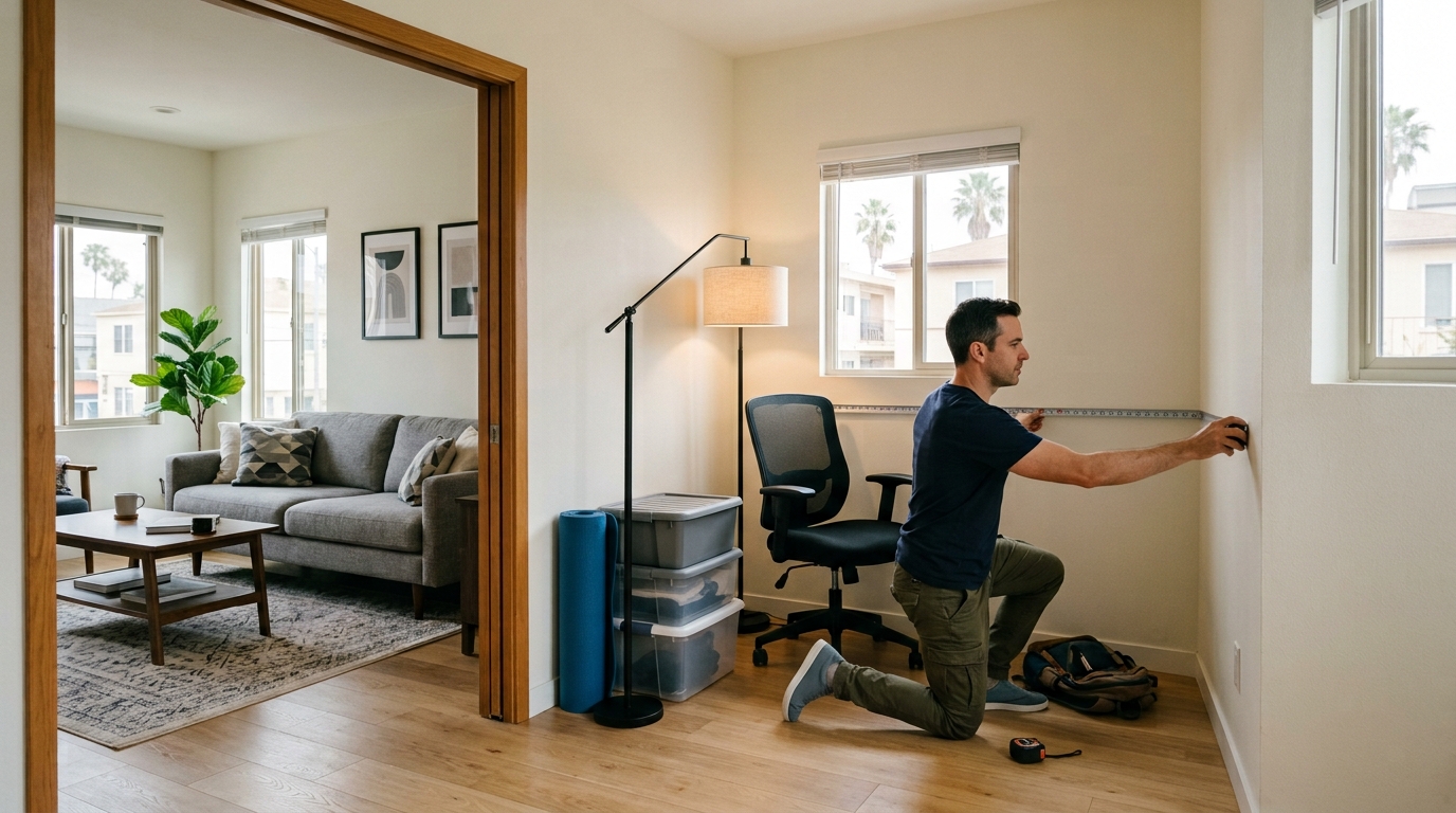 Renter measuring flexible den space in a one-bedroom apartment