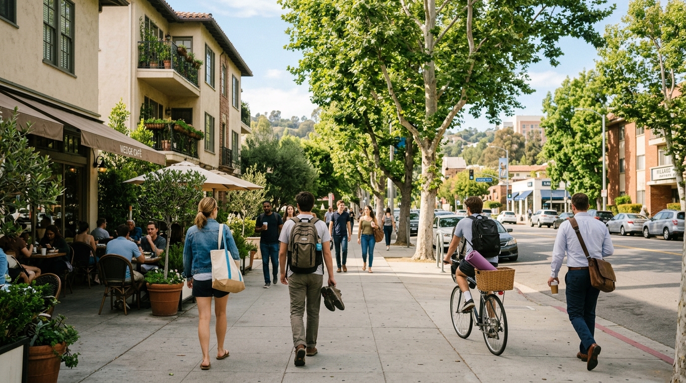 People walking and biking along a tree-lined sidewalk near cafés and apartments in Westwood Los Angeles.