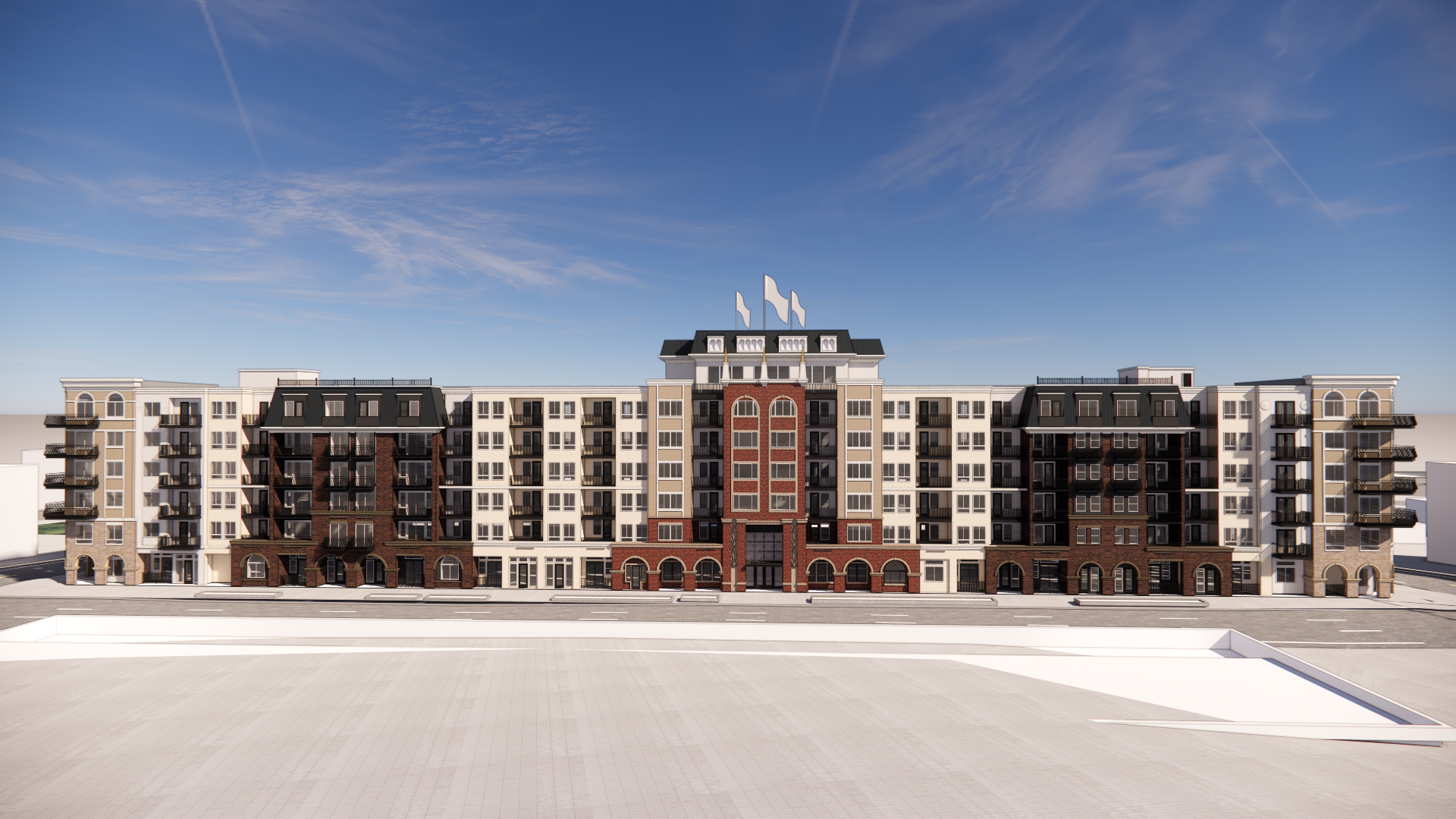 A rendering of the exterior building of The Majestic Apartments in Wenatchee, WA.