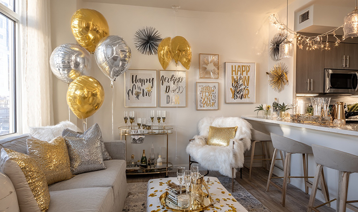 Apartment decorated for New Year’s Eve party