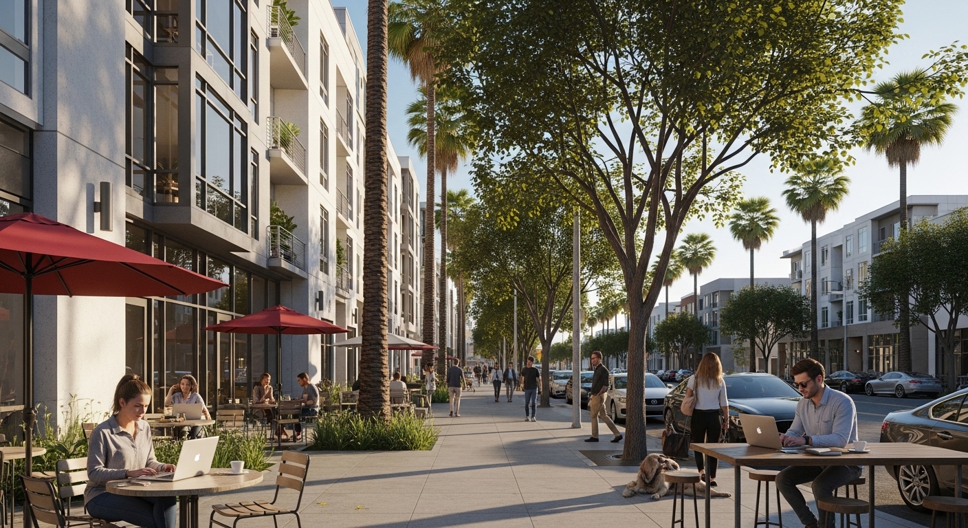 Modern Los Angeles neighborhood with apartments and outdoor spaces for remote work lifestyle