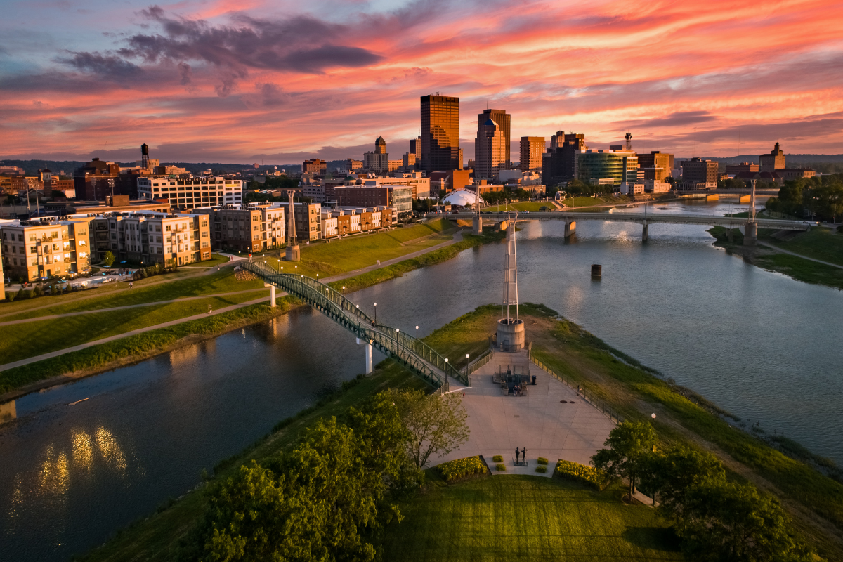 View of downtown Dayton along the river, highlighting nearby neighborhoods and surrounding suburbs in the Dayton, Ohio area.