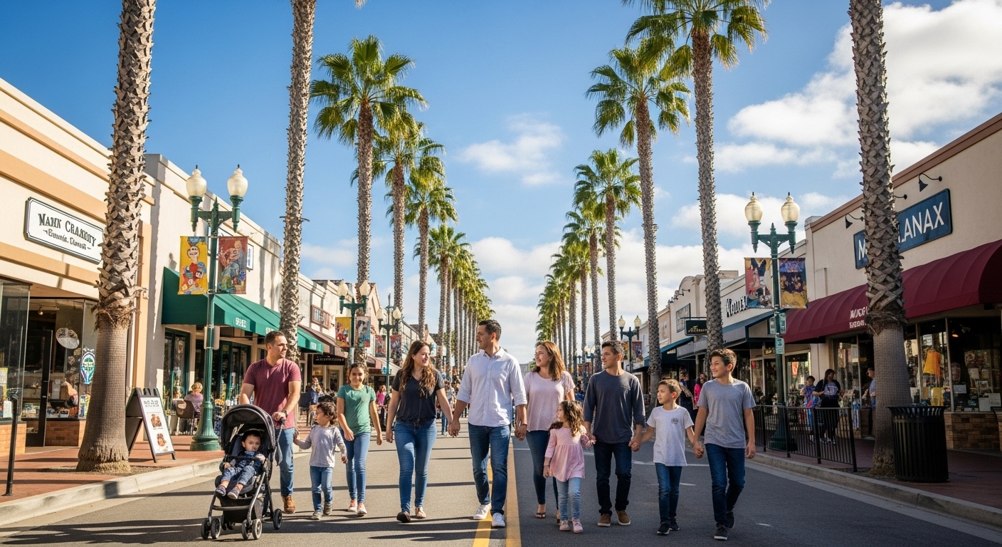 Family enjoying a sunny afternoon along Main Street Newhall near Newhall Crossings