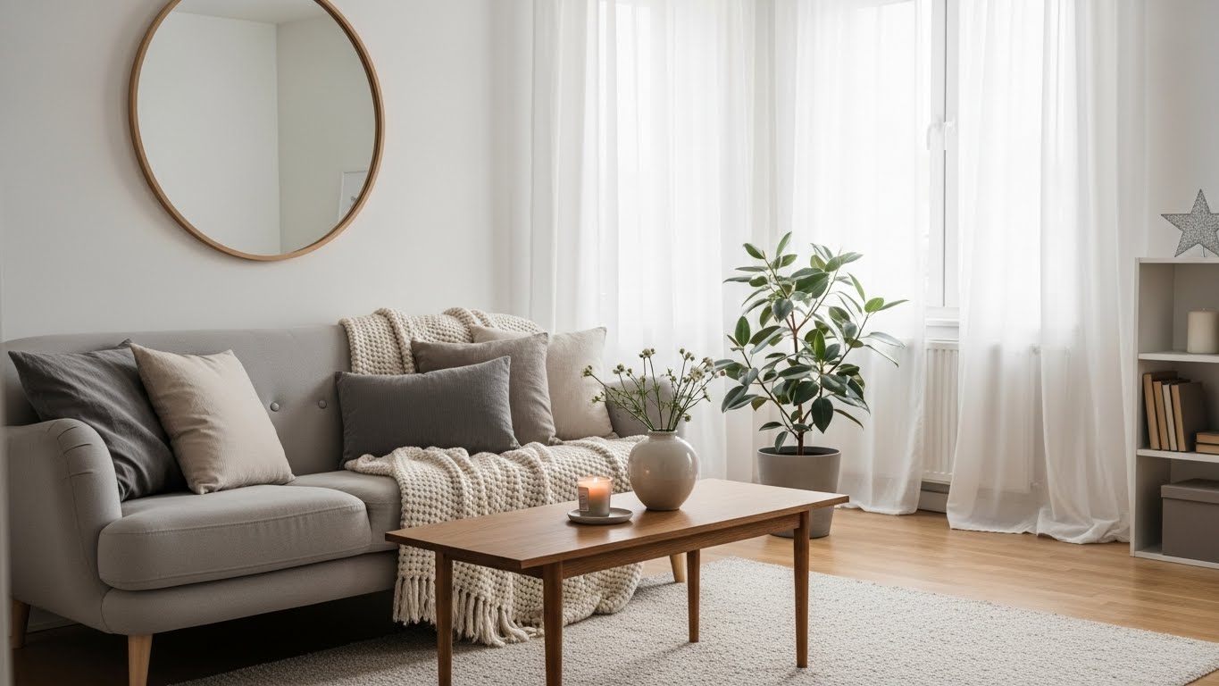 Uncluttered apartment interior with natural winter light and clear surfaces, showing a renter-friendly way to declutter before the new year.